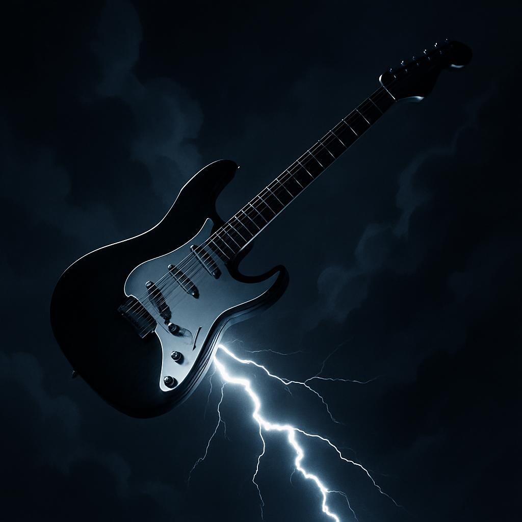 An electric guitar set against a dark sky with lightning bolts.