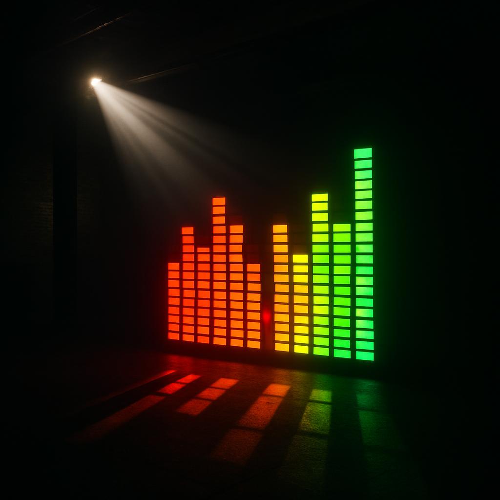 Luminous rectangular panels of purple, green, and red in a black room with a spotlightildenafil.