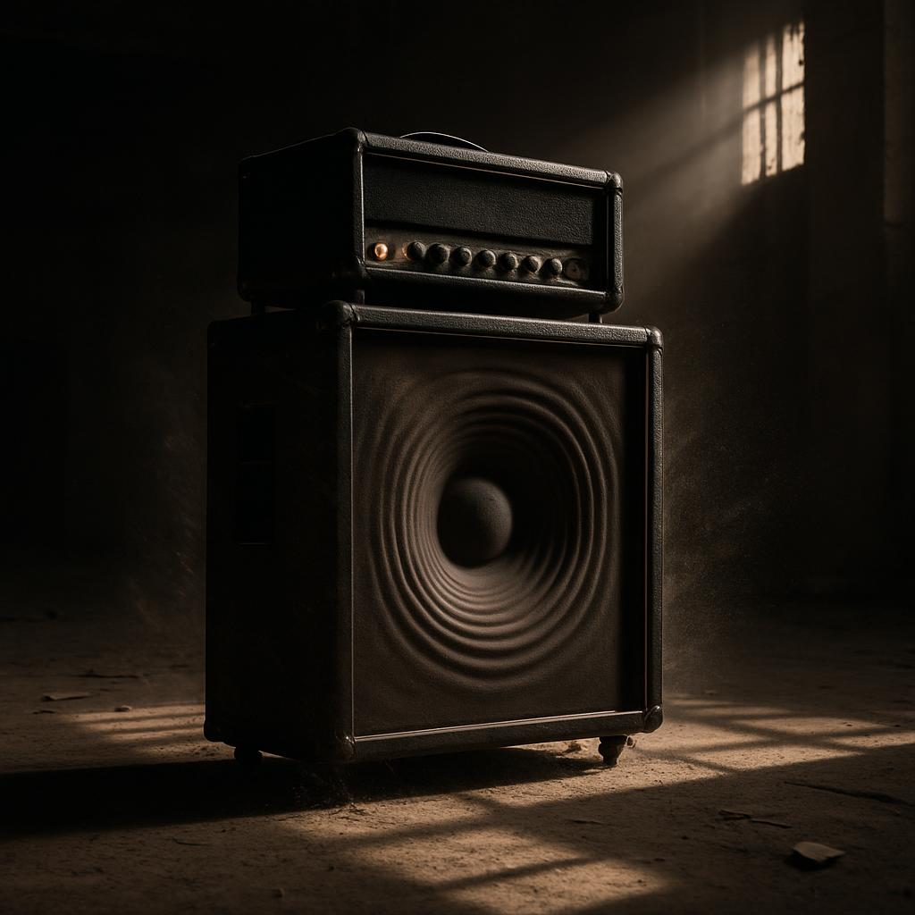 A speaker and amplifier stacked on top of each other sit in a dimly lit room. The speaker features a large black cone in t...