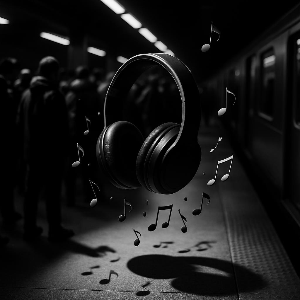 A black-and-white image of a pair of headphones with musical notes, set in a dimly lit subway scene.