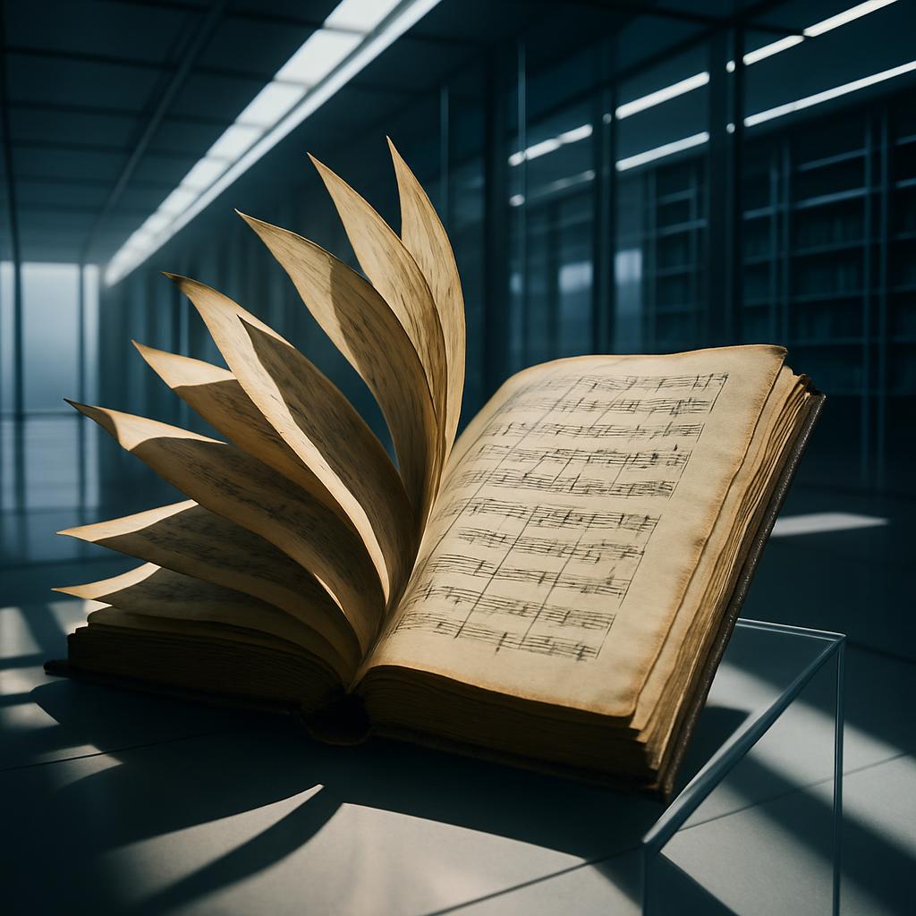 open book with music notes displayed in a library setting