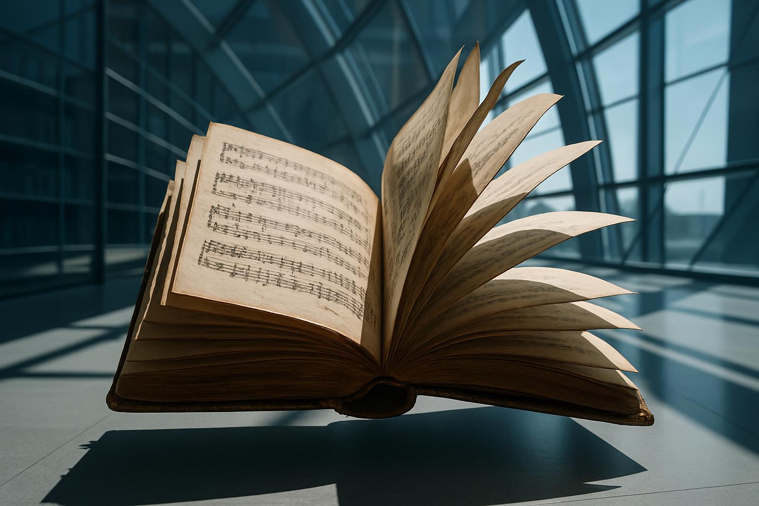 An open book with sheet music on the right page.