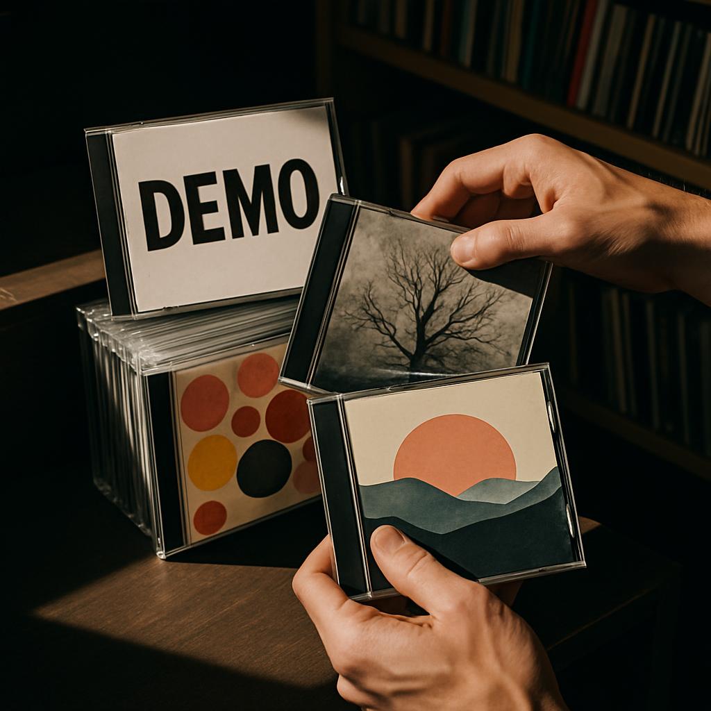 Hand holding different CDs, stacked display of CDs in the background with a sign saying 'DEMO'.