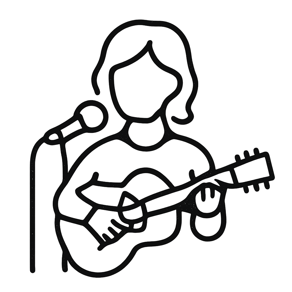A minimalist illustration of a person playing a guitar while singing into a microphone, depicted in grayscale with a black...