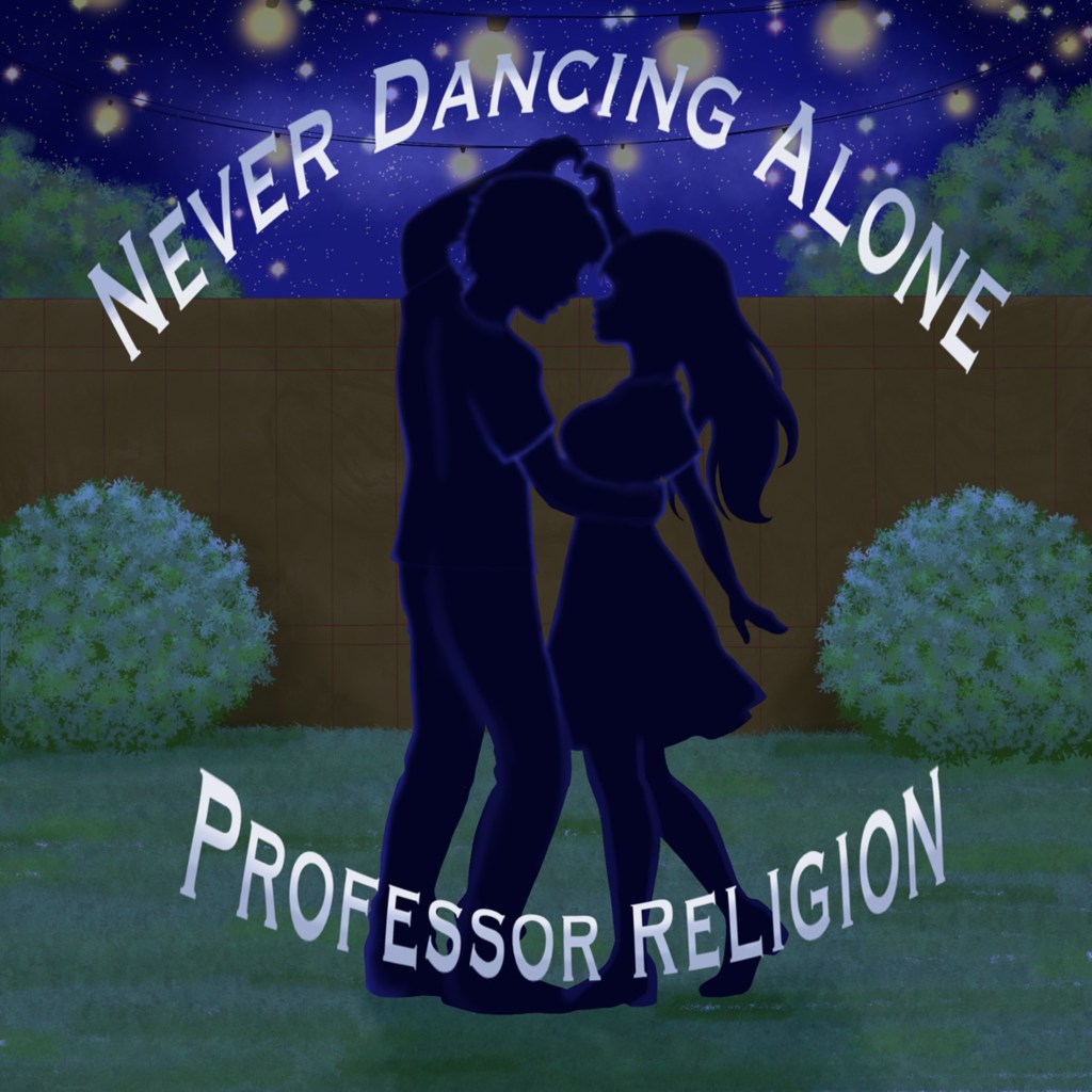 Musical artwork for Never Dancing Alone. Two hand drawn silhouettes dancing together in a backyard.  
